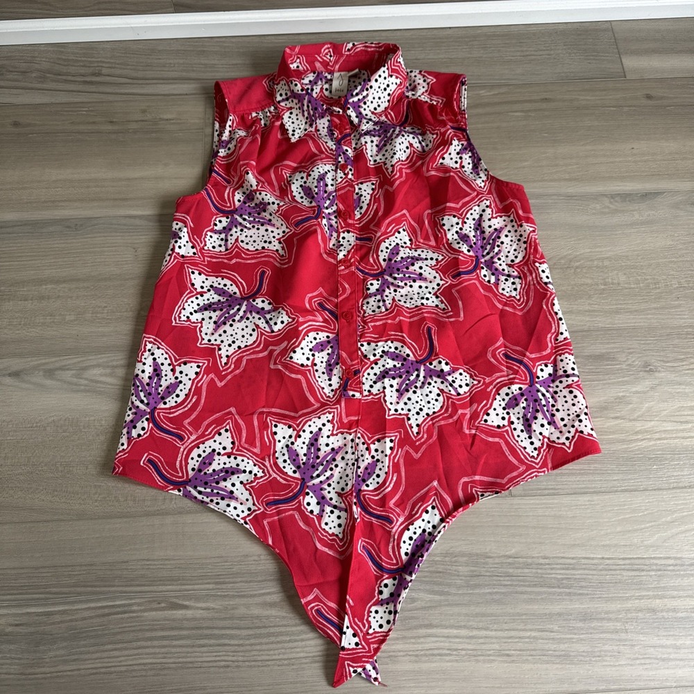 JOIE Top Blouse Womens XS Red Purple White Sleeveless‎ Collared Neck Front Tie